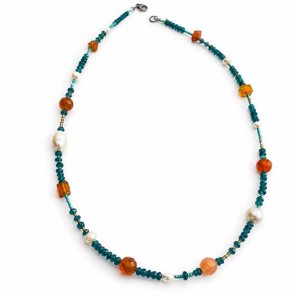 Artisan Apatite Carnelian Pearl Necklace Sterling Silver Clasp OOAK Vintage